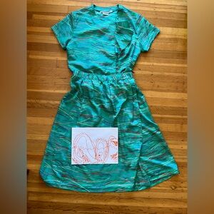 Vintage 80s Liz Claiborne skirt blouse set ruffle turquoise buttons 12 10 8 M L